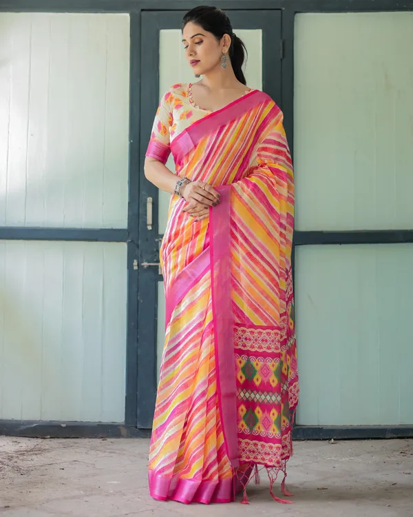 Vibrant_Yellow_and_Pink_Ikat_Printed_Cotton_Linen_Saree_with_Blouse_and_Tassels