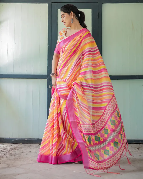 Vibrant_Yellow_and_Pink_Ikat_Printed_Cotton_Linen_Saree_with_Blouse_and_Tassels