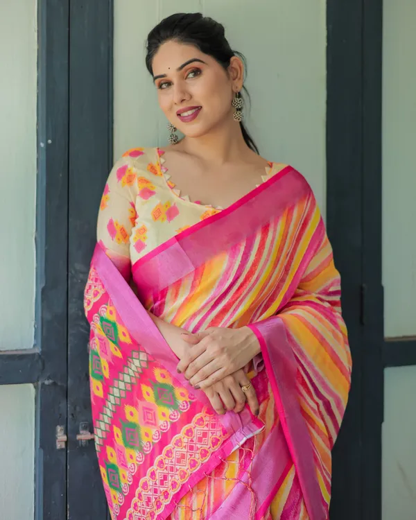 Vibrant_Yellow_and_Pink_Ikat_Printed_Cotton_Linen_Saree_with_Blouse_and_Tassels