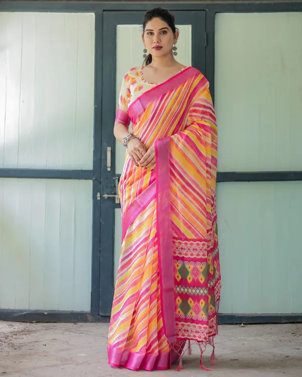 Vibrant_Yellow_and_Pink_Ikat_Printed_Cotton_Linen_Saree_with_Blouse_and_Tassels
