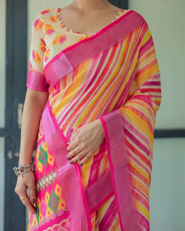 Vibrant_Yellow_and_Pink_Ikat_Printed_Cotton_Linen_Saree_with_Blouse_and_Tassels