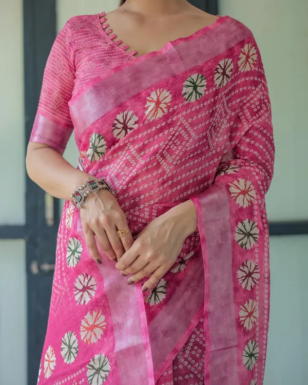 Fuchsia_Pink_Handcrafted_Cotton_Linen_Saree_with_Geometric_Print_and_Tassels