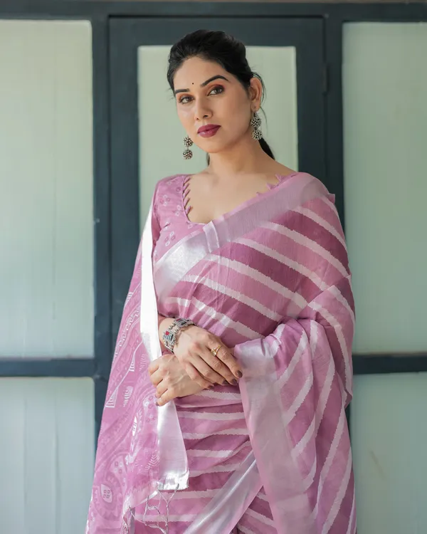Purple_Chevron_Print_Pure_Cotton_Linen_Saree_with_Blouse_and_Tassels
