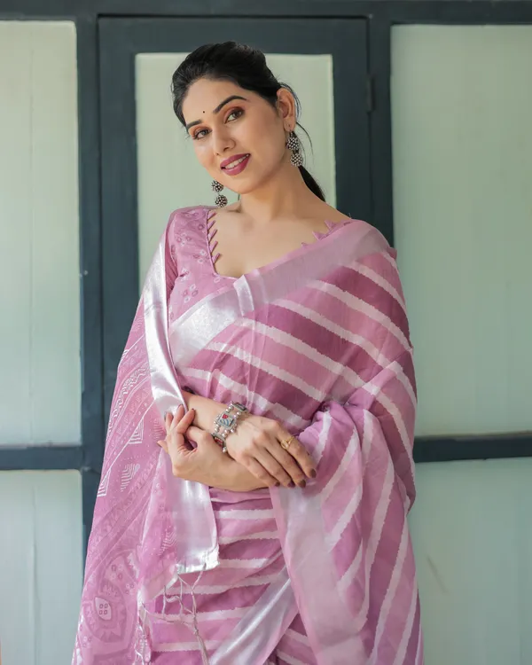 Purple_Chevron_Print_Pure_Cotton_Linen_Saree_with_Blouse_and_Tassels