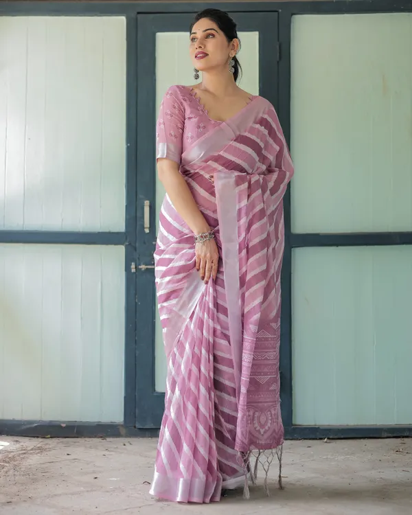 Purple_Chevron_Print_Pure_Cotton_Linen_Saree_with_Blouse_and_Tassels