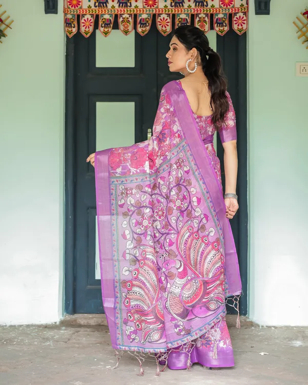 Purple_and_Pink_Floral_Printed_Pure_Cotton_Linen_Saree_with_Blouse_and_Tassels