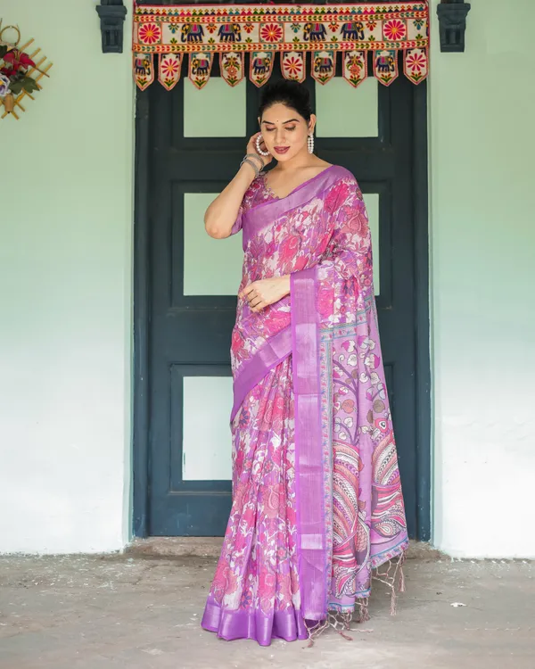 Purple_and_Pink_Floral_Printed_Pure_Cotton_Linen_Saree_with_Blouse_and_Tassels