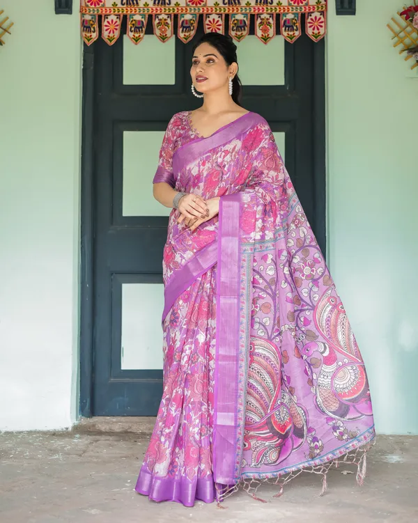 Purple_and_Pink_Floral_Printed_Pure_Cotton_Linen_Saree_with_Blouse_and_Tassels