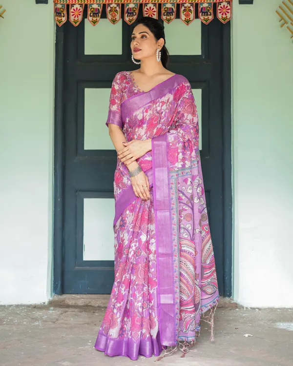 Purple_and_Pink_Floral_Printed_Pure_Cotton_Linen_Saree_with_Blouse_and_Tassels