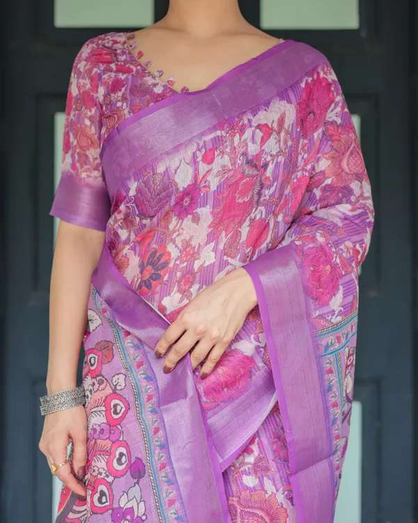 Purple_and_Pink_Floral_Printed_Pure_Cotton_Linen_Saree_with_Blouse_and_Tassels