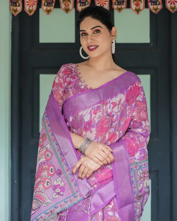 Purple_and_Pink_Floral_Printed_Pure_Cotton_Linen_Saree_with_Blouse_and_Tassels