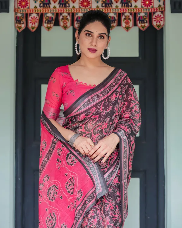 Pure_Cotton_Linen_Saree_in_Black_and_Pink_with_Floral_Print_and_Tassels