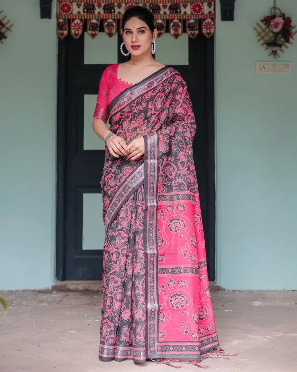Pure_Cotton_Linen_Saree_in_Black_and_Pink_with_Floral_Print_and_Tassels