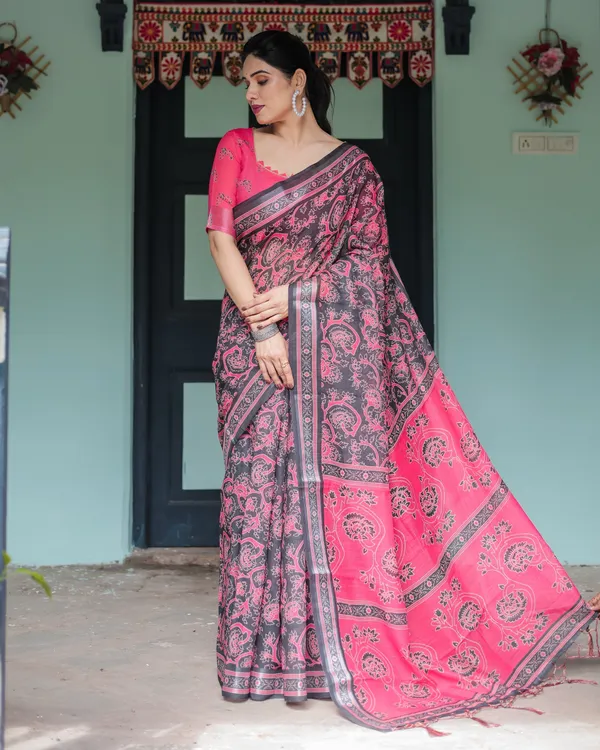 Pure_Cotton_Linen_Saree_in_Black_and_Pink_with_Floral_Print_and_Tassels