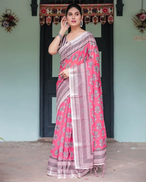 Pink_and_Beige_Floral_Printed_Pure_Cotton_Linen_Saree_with_Striped_Blouse_and_Tassels_on_Edges