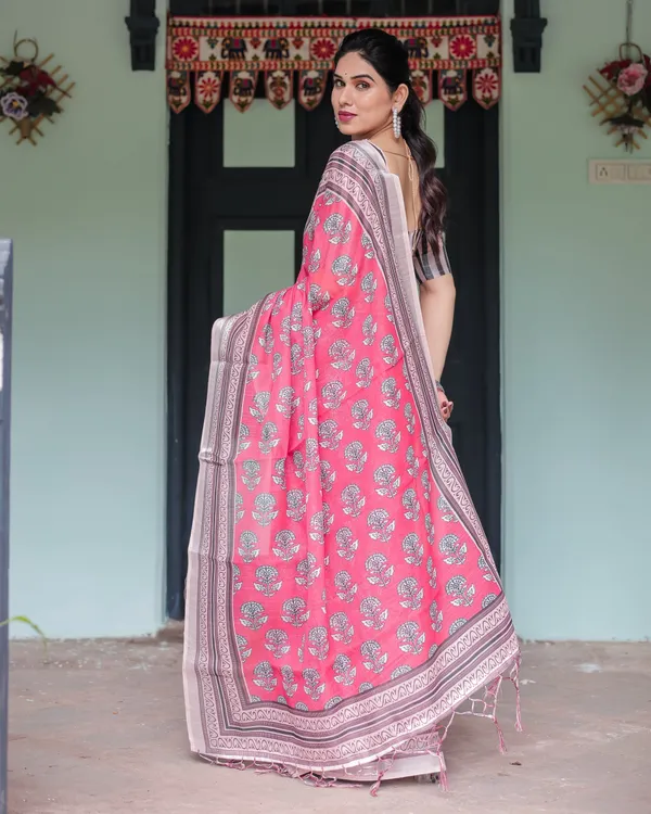 Pink_and_Beige_Floral_Printed_Pure_Cotton_Linen_Saree_with_Striped_Blouse_and_Tassels_on_Edges