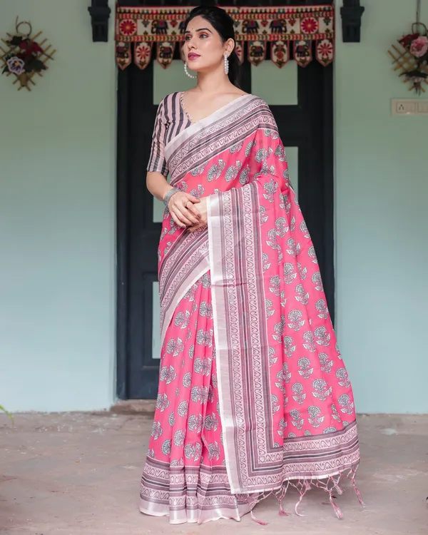 Pink_and_Beige_Floral_Printed_Pure_Cotton_Linen_Saree_with_Striped_Blouse_and_Tassels_on_Edges