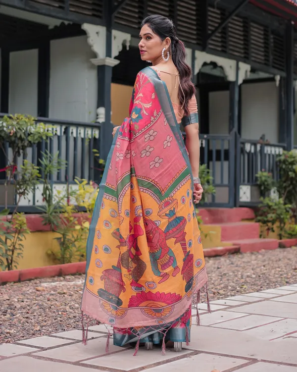 Pink_and_Orange_Pure_Cotton_Linen_Saree_with_Floral_Kalamkari_Print,_Blue_Border,_and_Tassels