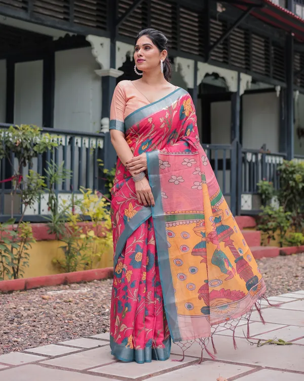 Pink_and_Orange_Pure_Cotton_Linen_Saree_with_Floral_Kalamkari_Print,_Blue_Border,_and_Tassels