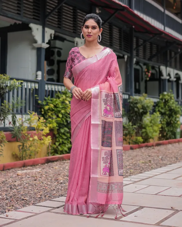 Pink_Pure_Cotton_Linen_Saree_with_Floral_and_Nature_Print,_Silver_Border_&_Tassels