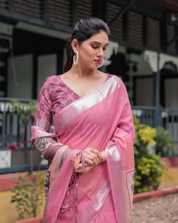 Pink_Pure_Cotton_Linen_Saree_with_Floral_and_Nature_Print,_Silver_Border_&_Tassels