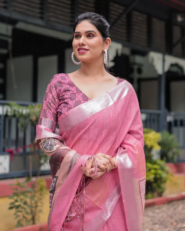 Pink_Pure_Cotton_Linen_Saree_with_Floral_and_Nature_Print,_Silver_Border_&_Tassels