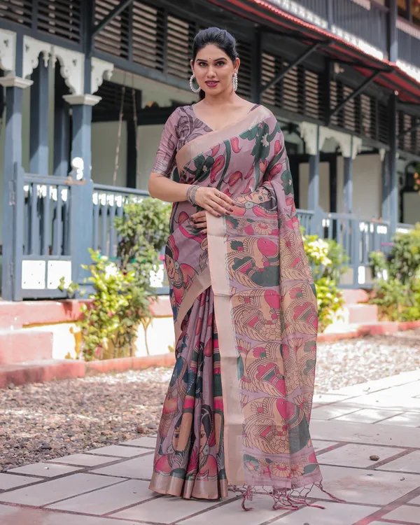 Pastel_Peach_Kalamkari_Design_Pure_Cotton_Linen_Saree_with_Blouse_and_Tassels