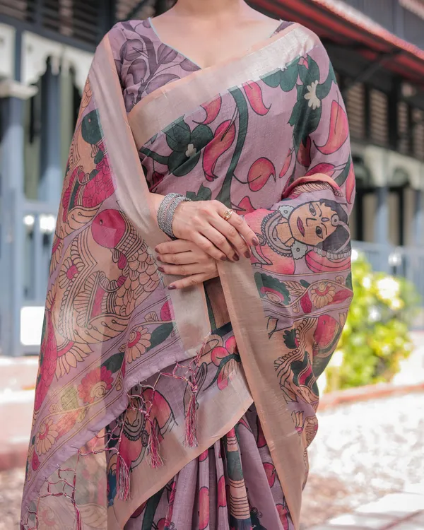 Pastel_Peach_Kalamkari_Design_Pure_Cotton_Linen_Saree_with_Blouse_and_Tassels