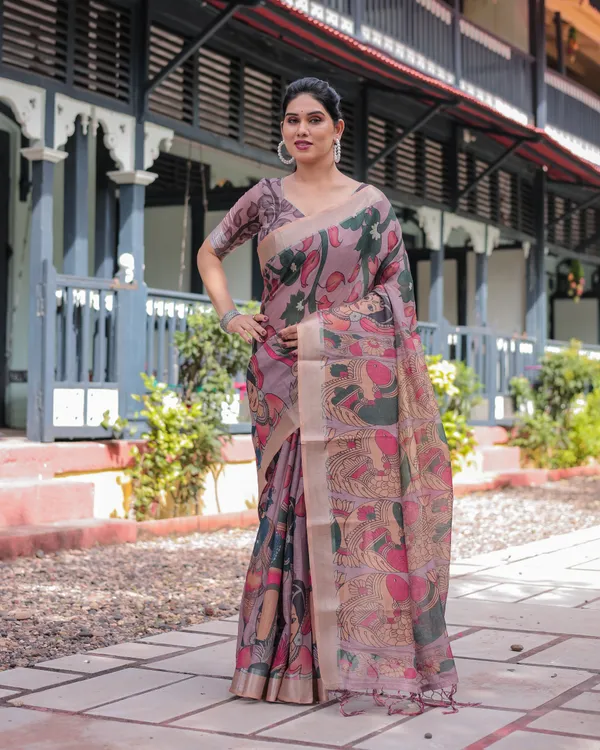 Pastel_Peach_Kalamkari_Design_Pure_Cotton_Linen_Saree_with_Blouse_and_Tassels
