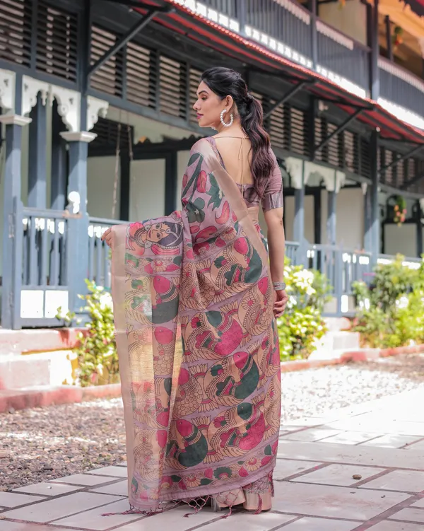 Pastel_Peach_Kalamkari_Design_Pure_Cotton_Linen_Saree_with_Blouse_and_Tassels
