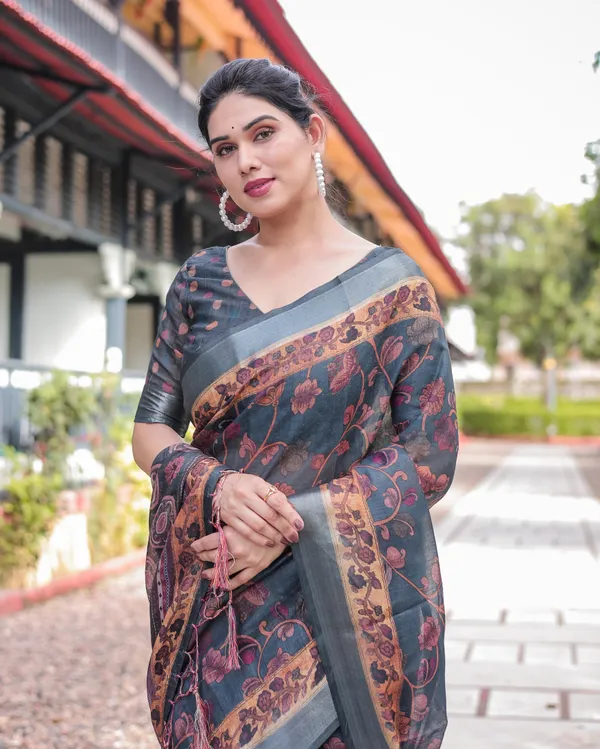 Charcoal_Gray_Floral_Design_Pure_Cotton_Linen_Saree_with_Blouse_and_Tassels