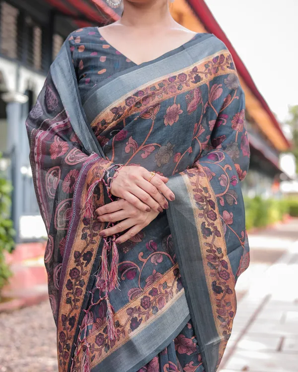 Charcoal_Gray_Floral_Design_Pure_Cotton_Linen_Saree_with_Blouse_and_Tassels
