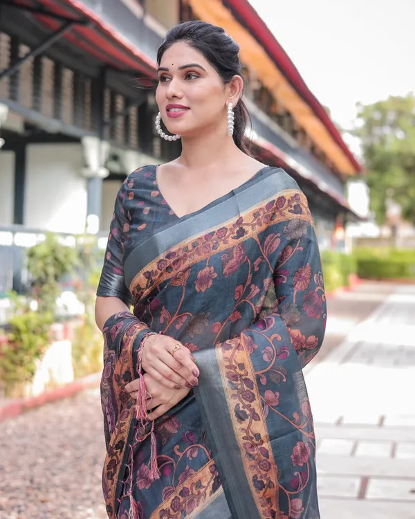 Charcoal_Gray_Floral_Design_Pure_Cotton_Linen_Saree_with_Blouse_and_Tassels
