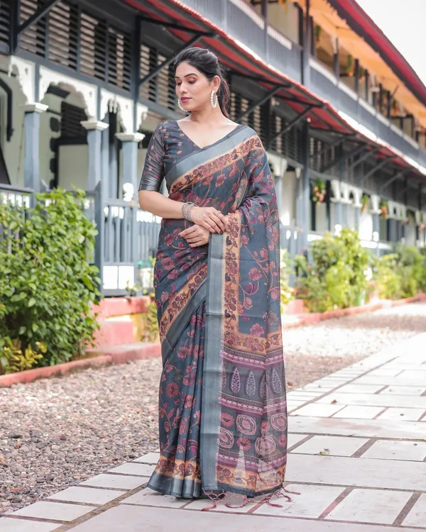 Charcoal_Gray_Floral_Design_Pure_Cotton_Linen_Saree_with_Blouse_and_Tassels