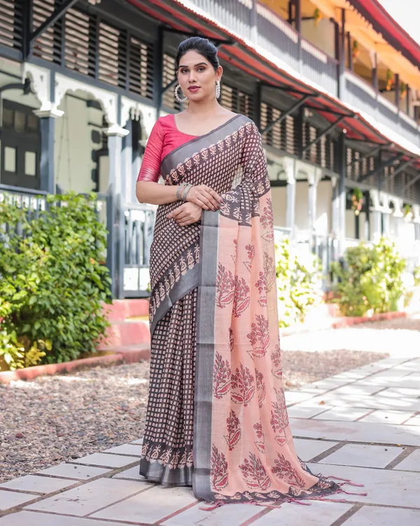 Peach_and_Black_Floral_and_Geometric_Design_Pure_Cotton_Linen_Saree_with_Blouse_and_Tassels