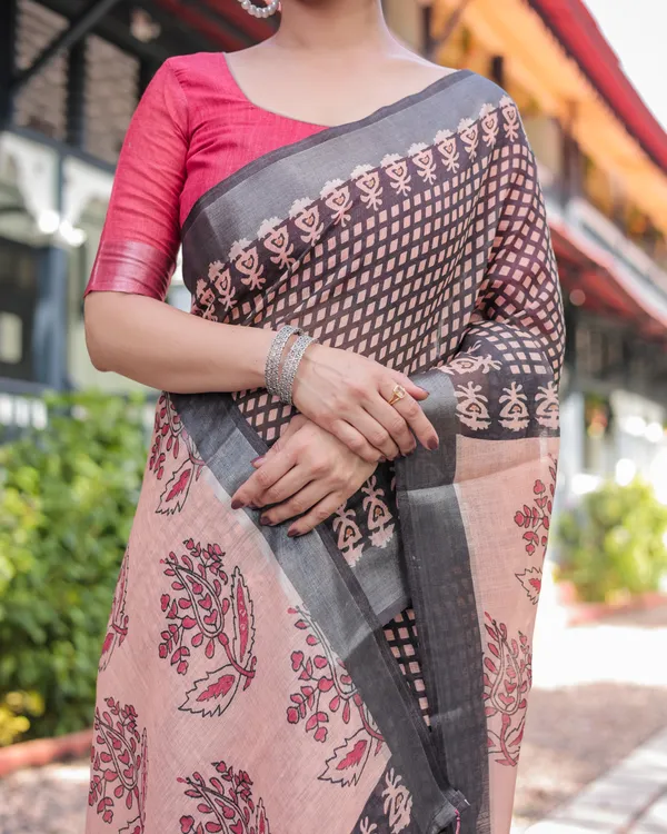 Peach_and_Black_Floral_and_Geometric_Design_Pure_Cotton_Linen_Saree_with_Blouse_and_Tassels