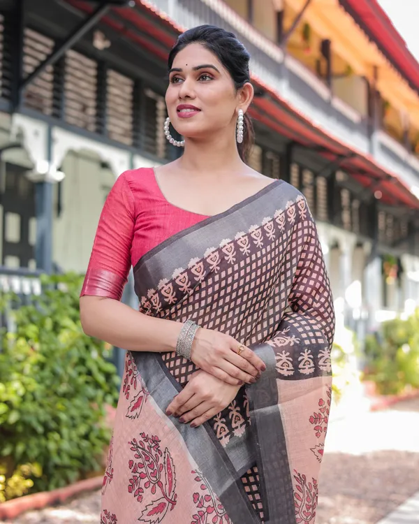 Peach_and_Black_Floral_and_Geometric_Design_Pure_Cotton_Linen_Saree_with_Blouse_and_Tassels