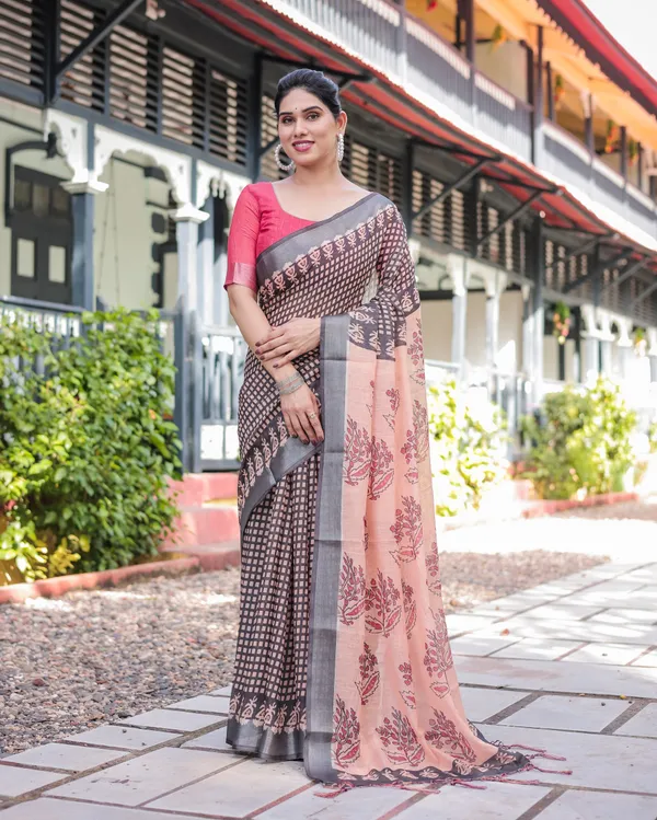 Peach_and_Black_Floral_and_Geometric_Design_Pure_Cotton_Linen_Saree_with_Blouse_and_Tassels