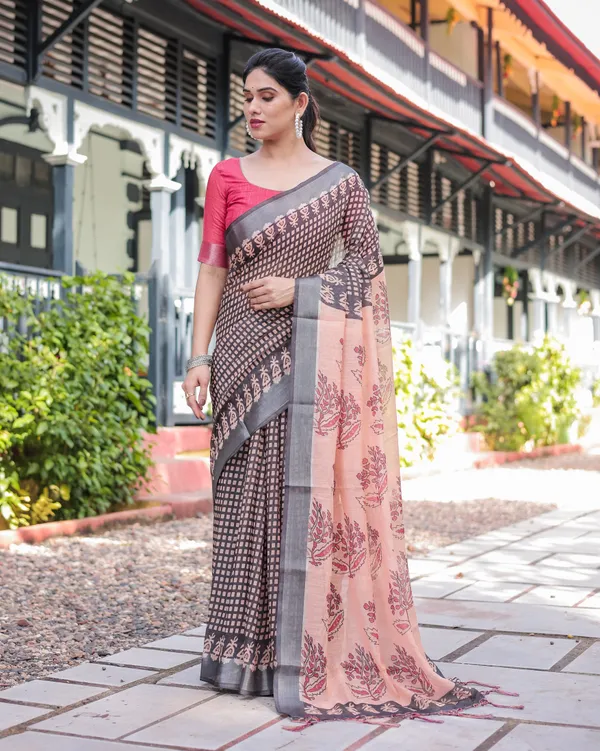 Peach_and_Black_Floral_and_Geometric_Design_Pure_Cotton_Linen_Saree_with_Blouse_and_Tassels