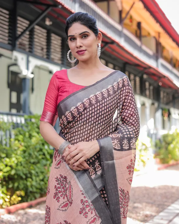 Peach_and_Black_Floral_and_Geometric_Design_Pure_Cotton_Linen_Saree_with_Blouse_and_Tassels