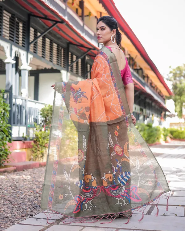 Orange_and_Olive_Green_Kalamkari_Design_Pure_Cotton_Linen_Saree_with_Blouse_and_Tassels
