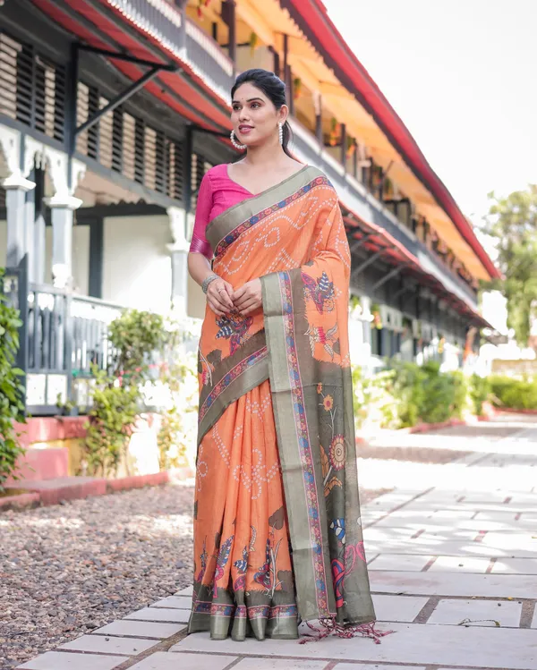 Orange_and_Olive_Green_Kalamkari_Design_Pure_Cotton_Linen_Saree_with_Blouse_and_Tassels
