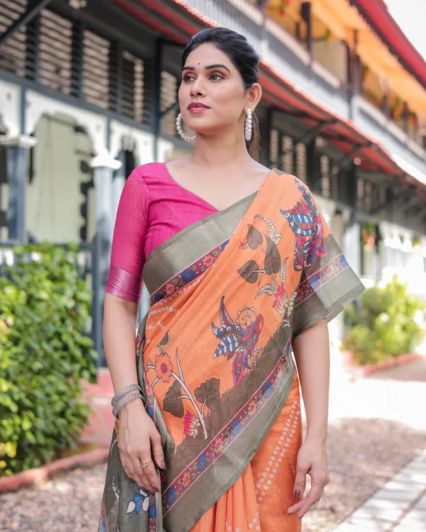 Orange_and_Olive_Green_Kalamkari_Design_Pure_Cotton_Linen_Saree_with_Blouse_and_Tassels