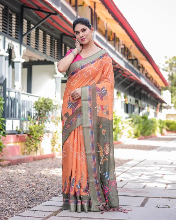 Orange_and_Olive_Green_Kalamkari_Design_Pure_Cotton_Linen_Saree_with_Blouse_and_Tassels
