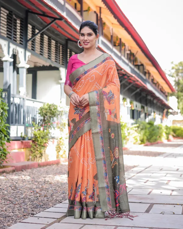 Orange_and_Olive_Green_Kalamkari_Design_Pure_Cotton_Linen_Saree_with_Blouse_and_Tassels