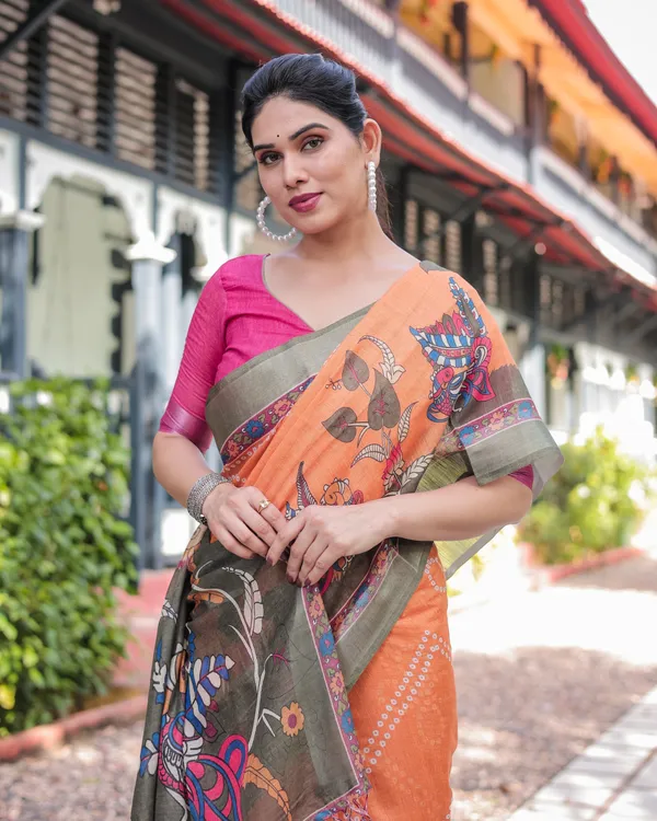Orange_and_Olive_Green_Kalamkari_Design_Pure_Cotton_Linen_Saree_with_Blouse_and_Tassels