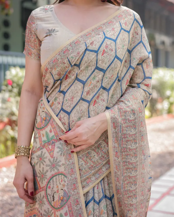Classic_Beige_Handloom_Cotton-Linen_Saree_with_Madhubani-Inspired_Prints_and_Zari_Highlights