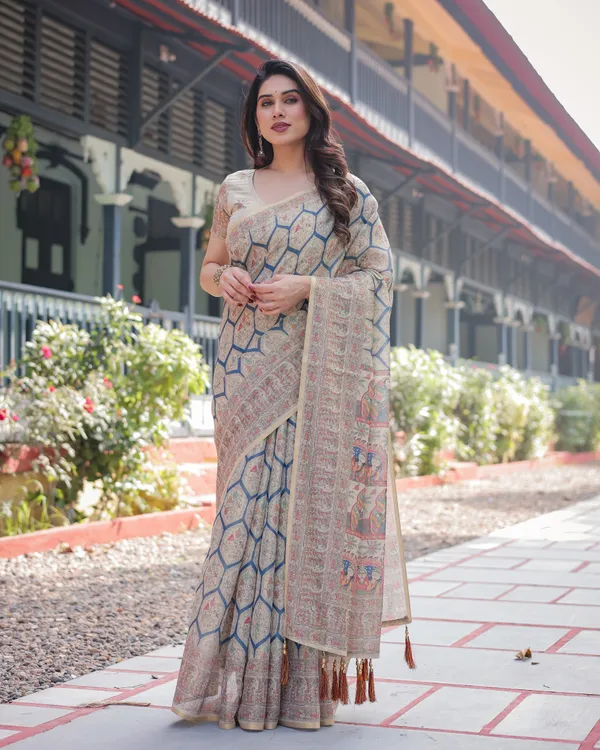 Classic_Beige_Handloom_Cotton-Linen_Saree_with_Madhubani-Inspired_Prints_and_Zari_Highlights
