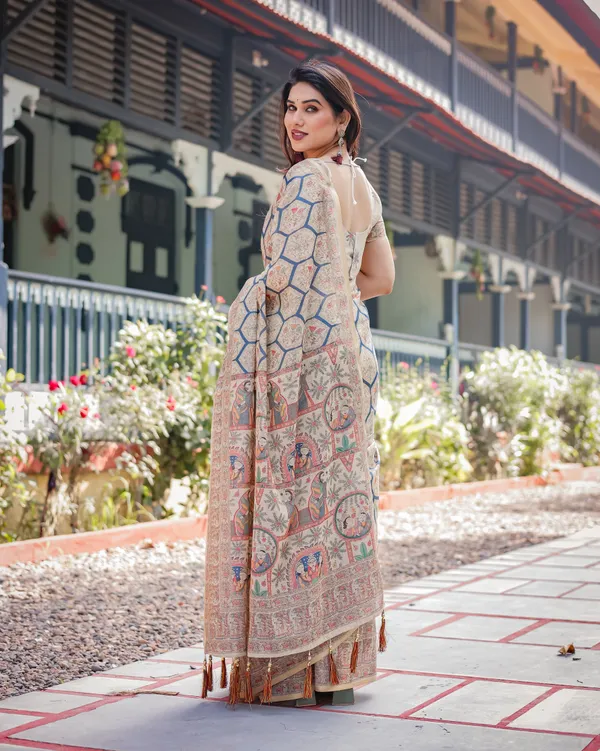 Classic_Beige_Handloom_Cotton-Linen_Saree_with_Madhubani-Inspired_Prints_and_Zari_Highlights