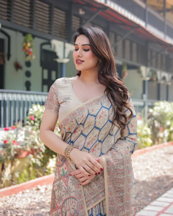 Classic_Beige_Handloom_Cotton-Linen_Saree_with_Madhubani-Inspired_Prints_and_Zari_Highlights